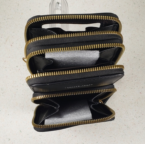 Forever Young Black Vegan Leather 3 Compartment Crossbody Cell Phone Wallet - Picture 7 of 13